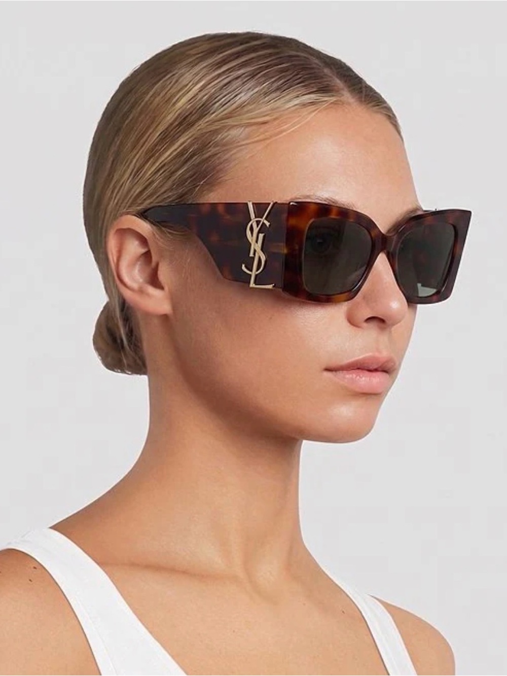 Saint Laurent Tortoiseshell Cat-Eye Sunglasses with Gold YSL Logo